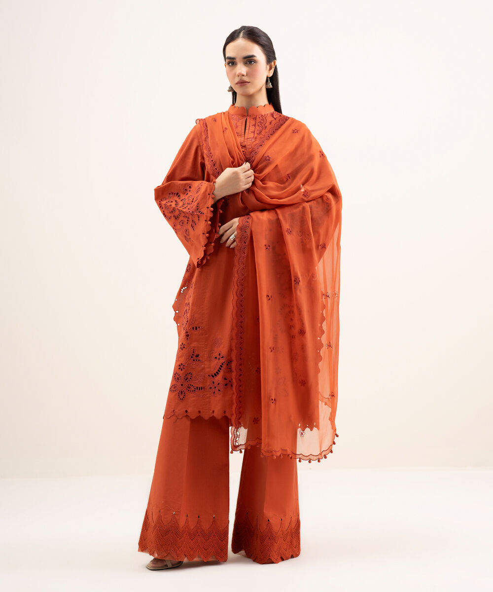Women's Unstitched Textured Lawn Embroidered Orange 3 Piece Suit