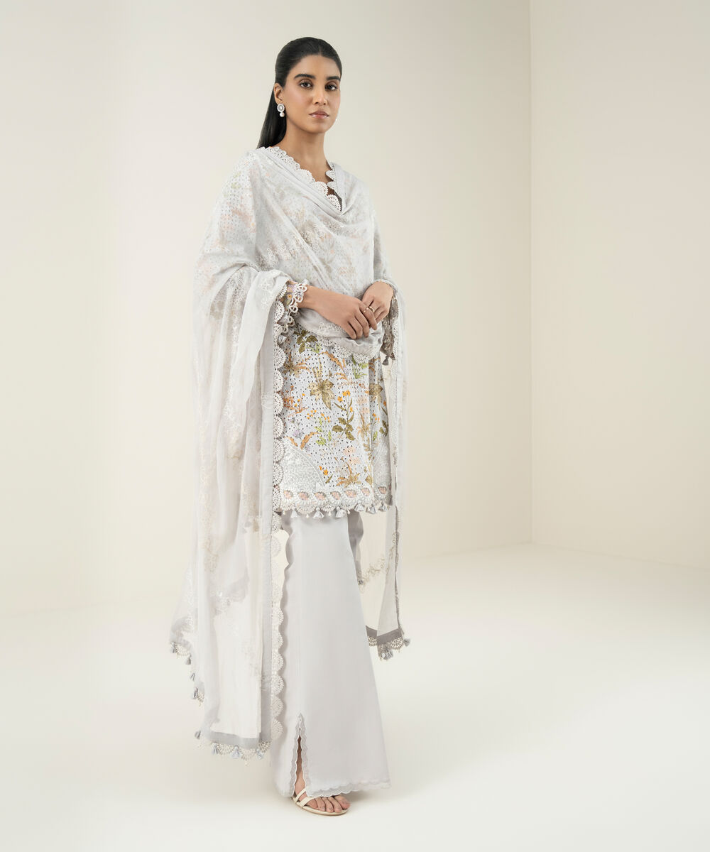 Women's Unstitched Cotton Embroidered Grey 3 Piece Suit