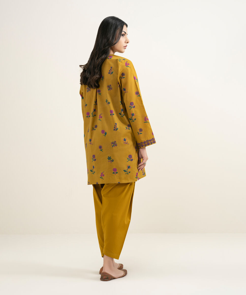 Women's RTW Slub Lawn Embroidered Yellow Straight Shirt