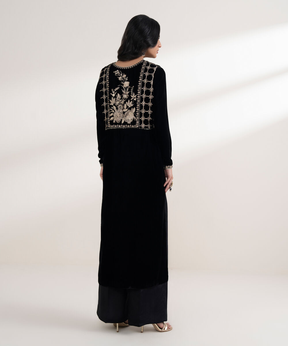 Women's RTW Velvet Embroidered Black Straight 2 Piece Suit