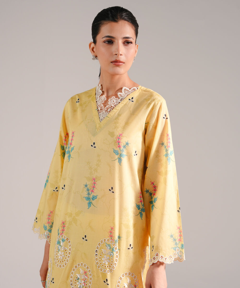 Women's RTW Lawn Embroidered Yellow Straight Shirt