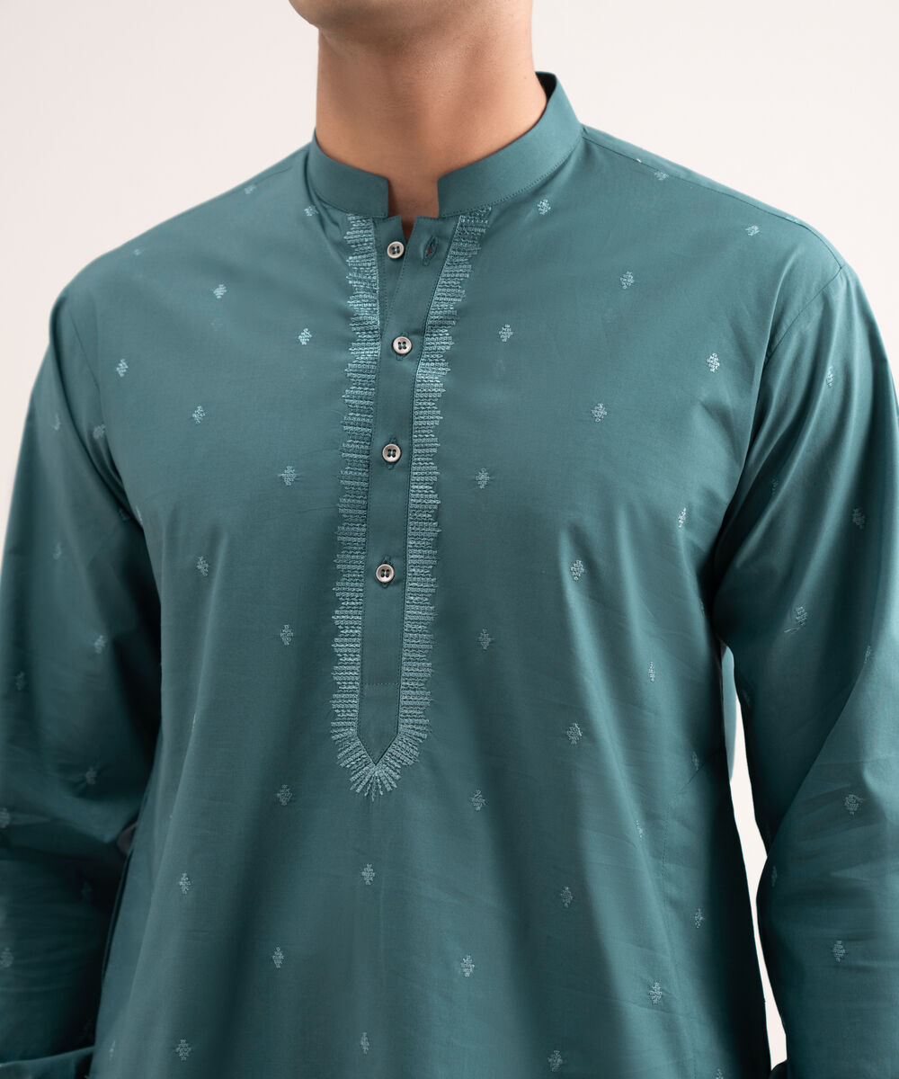 Men'S Stitched Teal Premium Cotton Suit