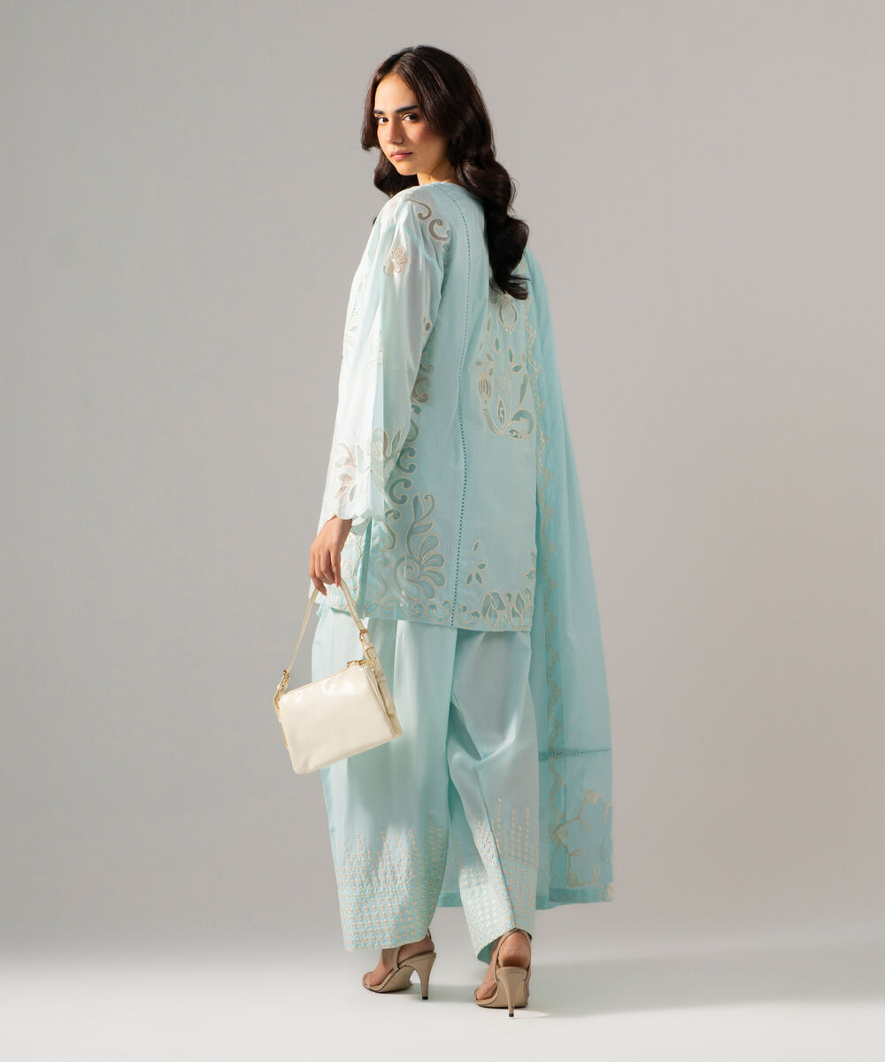 Women's RTW Lawn Solid Embroidered Blue 3 Piece Suit