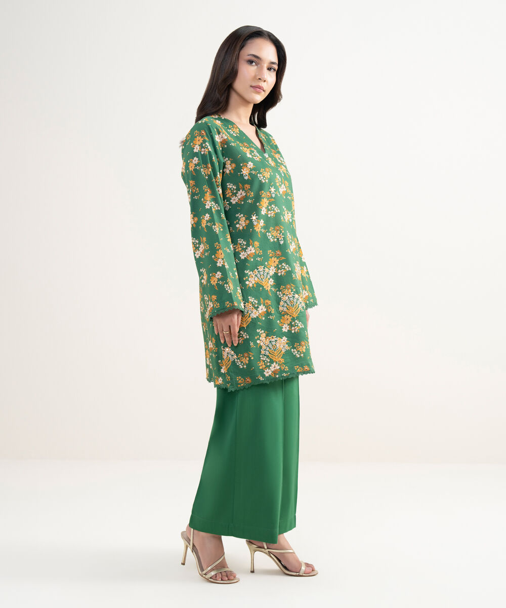 Women's RTW Cotton Viscose Embroidered Green Straight Shirt