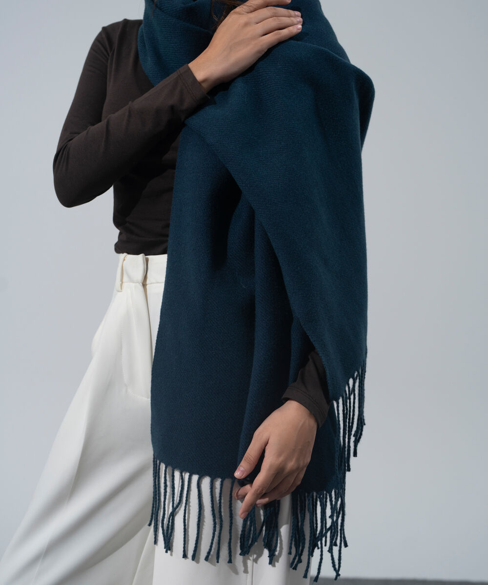 Women's Western Wear Teal Polyester Solid Woolen Scarf