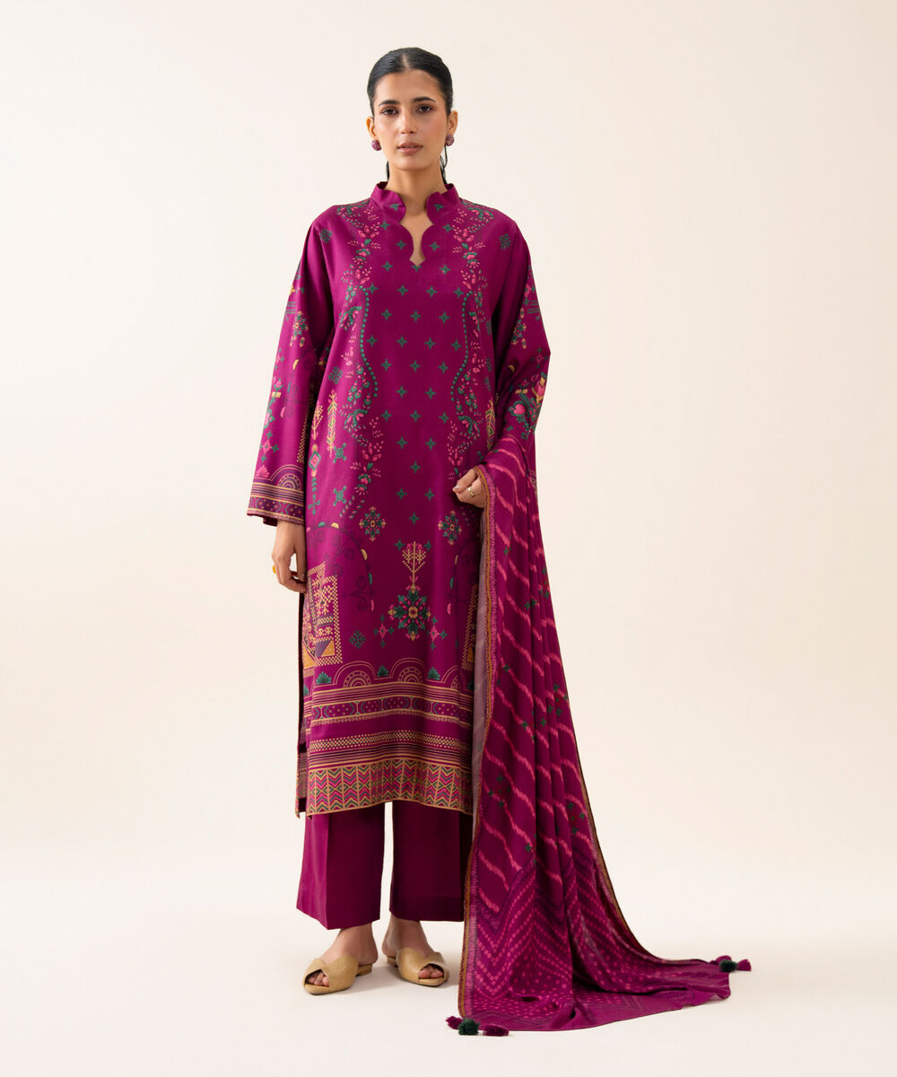 Women's Unstitched Viscose Linen Printed Magenta 3 Piece Suit