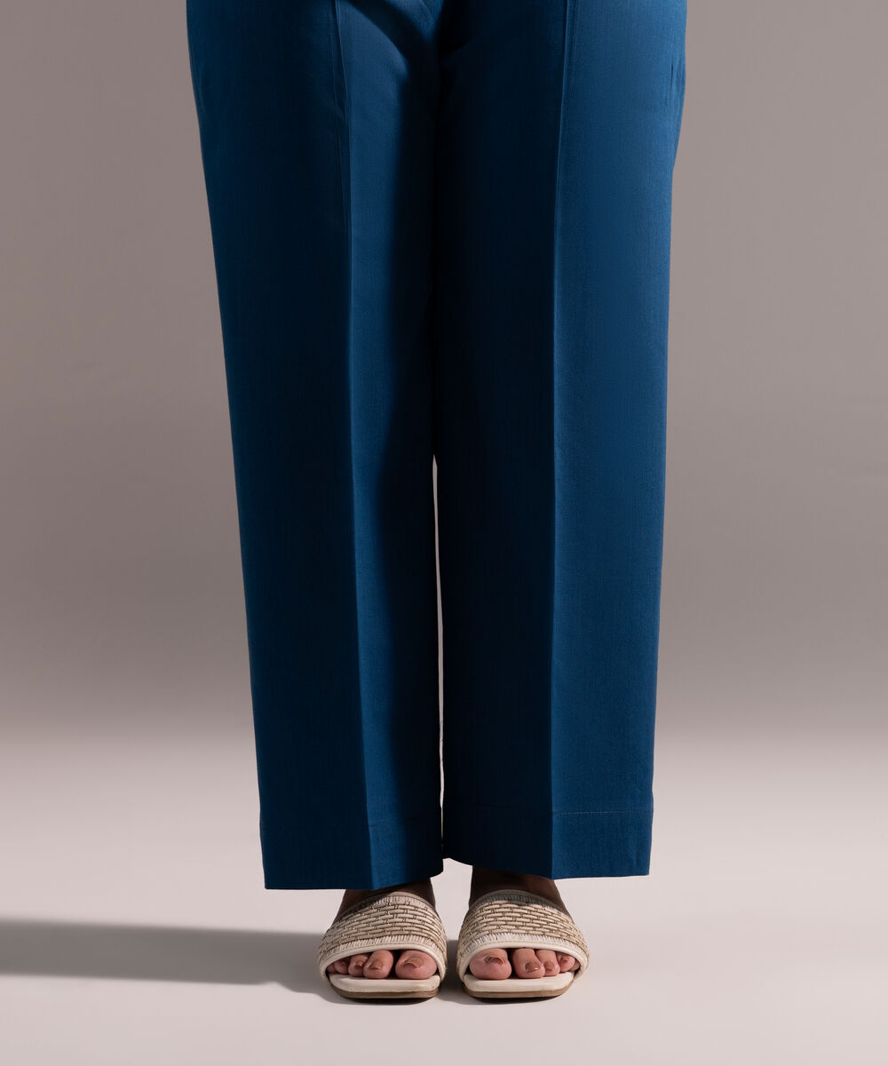 Women's RTW Cotton Viscose Solid Dark Blue Straight Pants