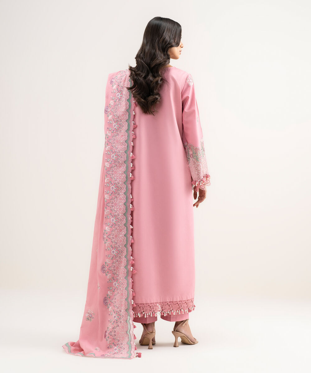 Women's Unstitched Lawn Embroidered Pink 3 Piece Suit
