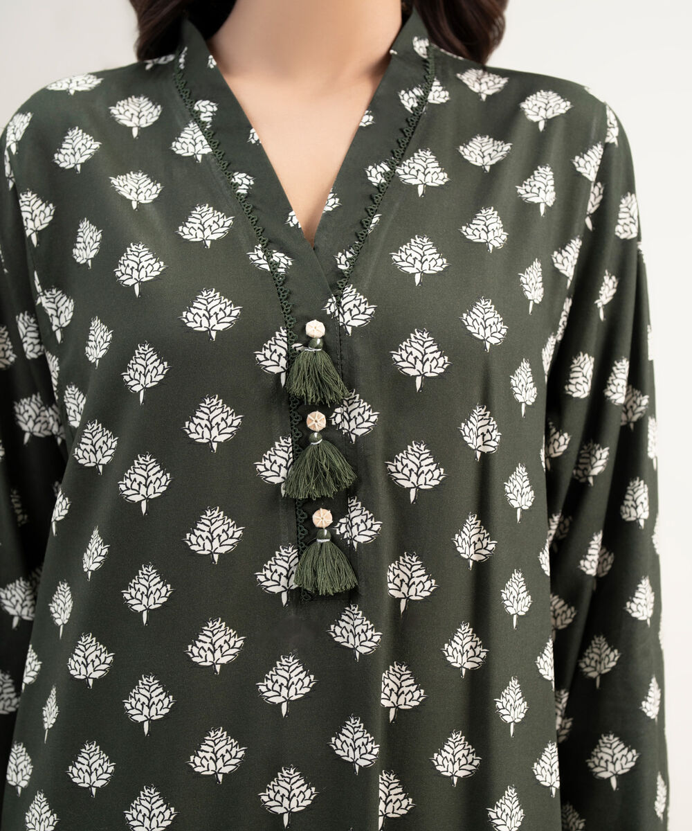Women's RTW Arabic Lawn Printed Dark Green Straight Shirt