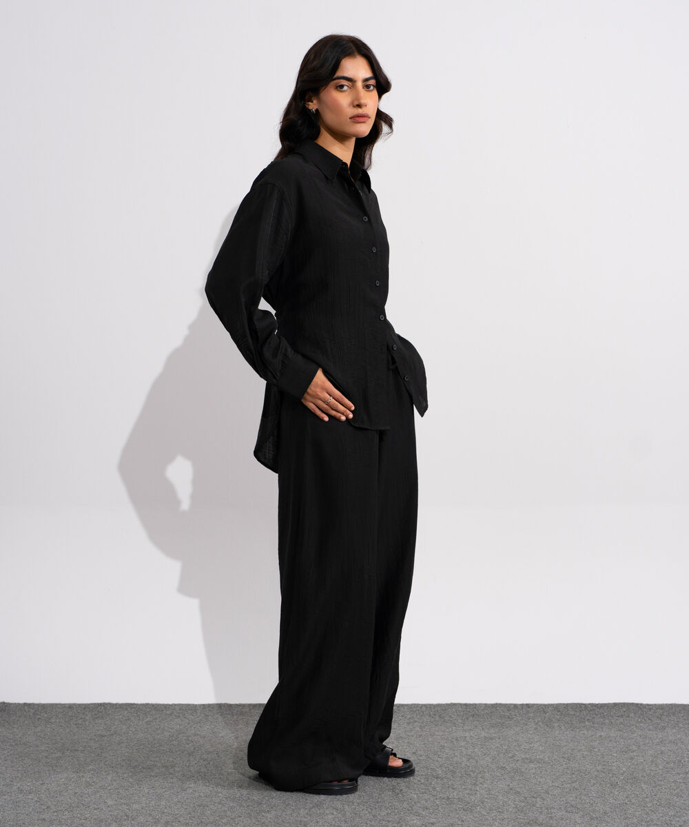Women's Black Textured Button Through Shirt
