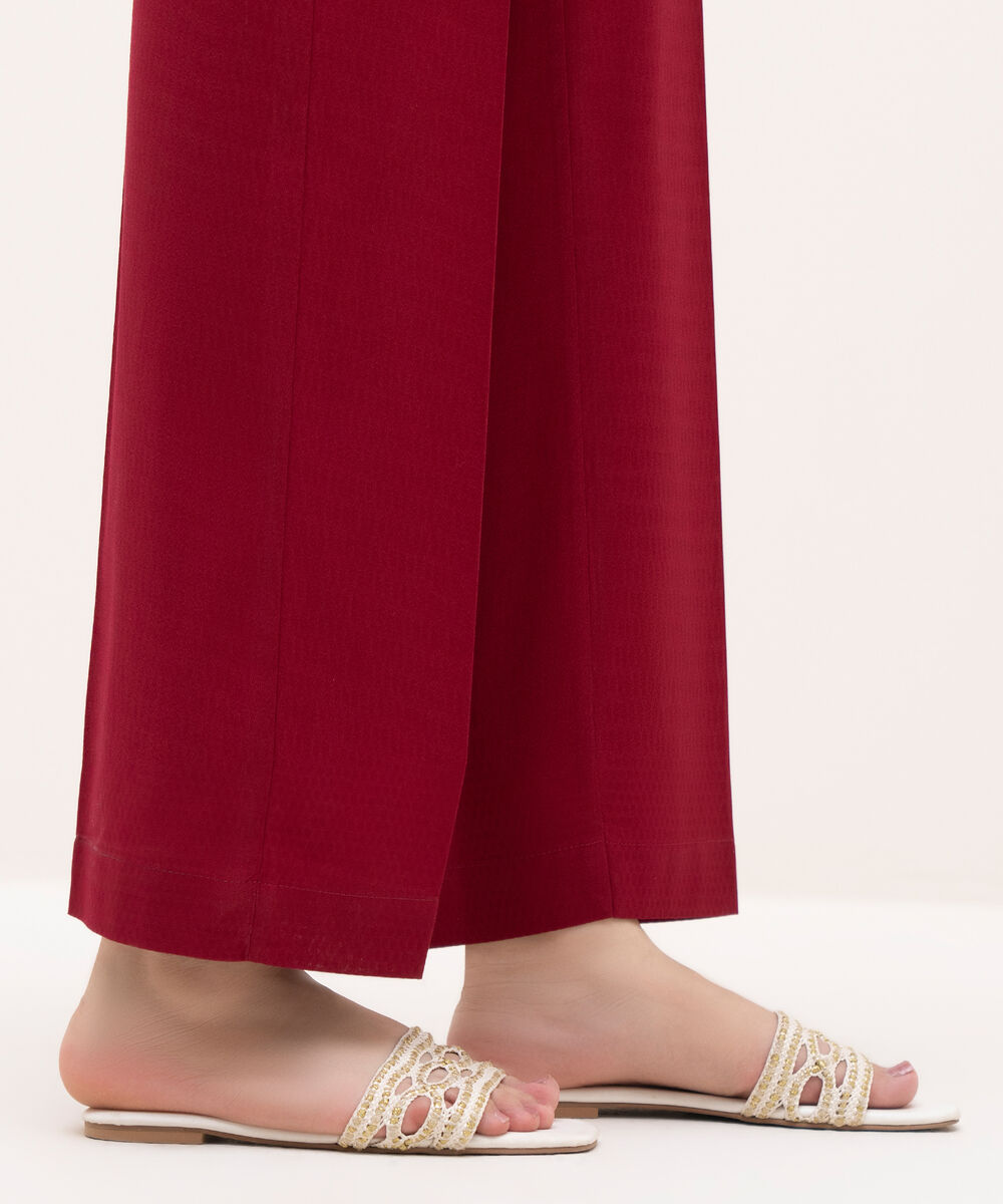 Women's RTW Textured Cotton Maroon Solid Straight Pants