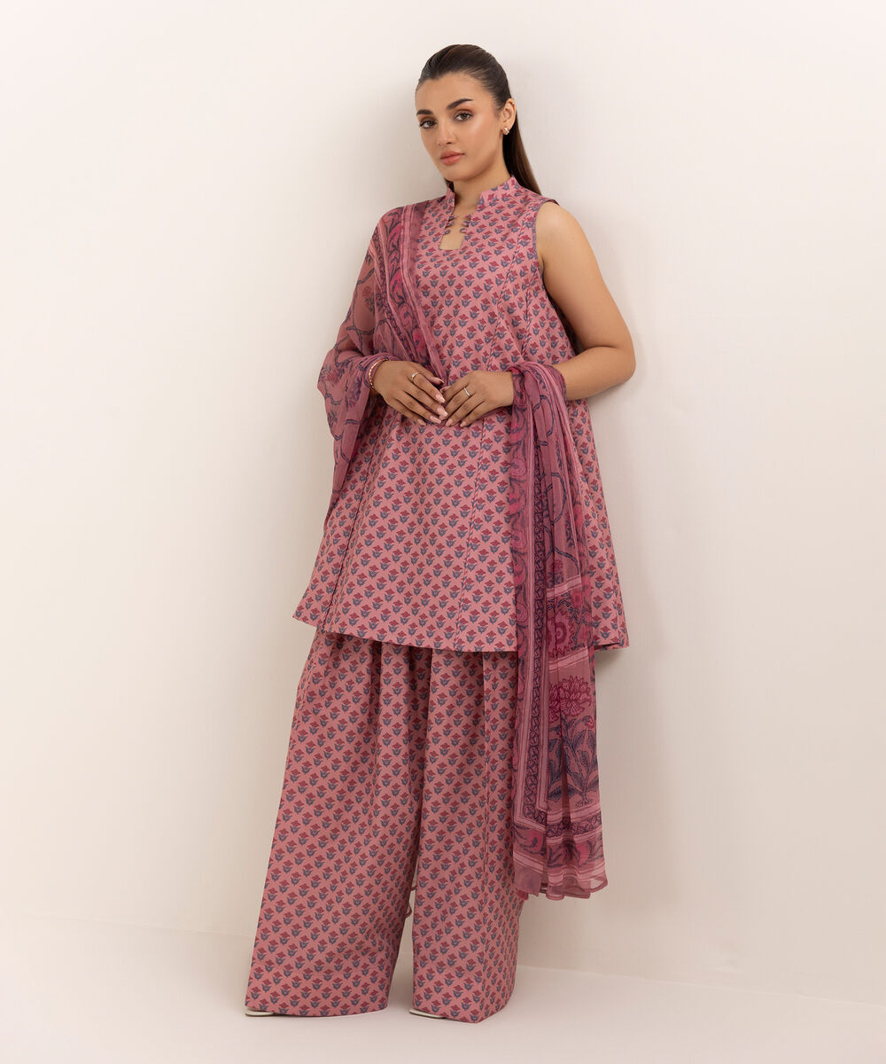 Women's Unstitched Cotton Printed Pink Three Piece Suit