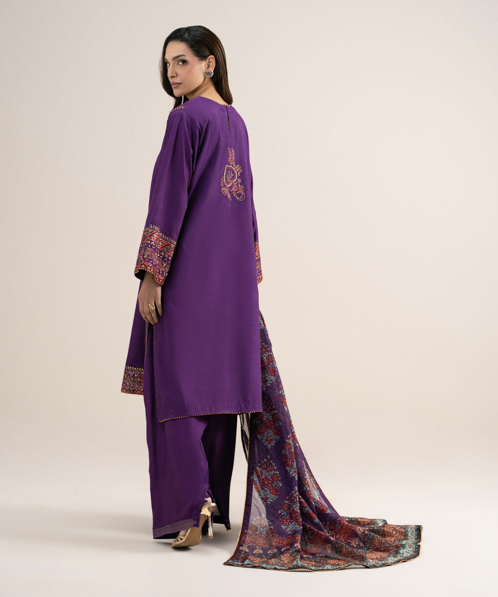Women's Unstitched Embroidered Blended Raw Silk Purple 3 Piece Suit