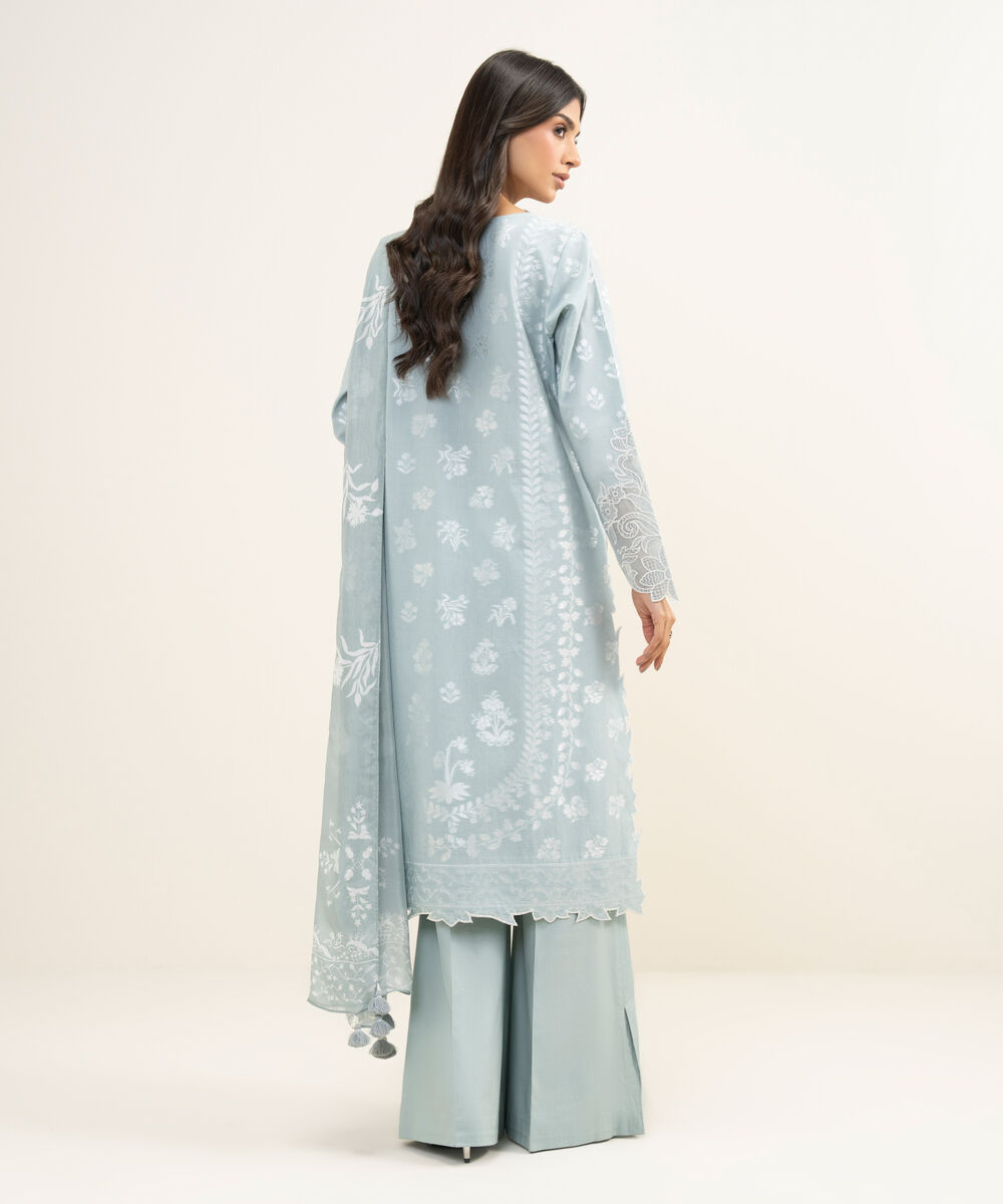 Women's Unstitched Extra Weft Jacquard Embroidered Blue 3 Piece Suit