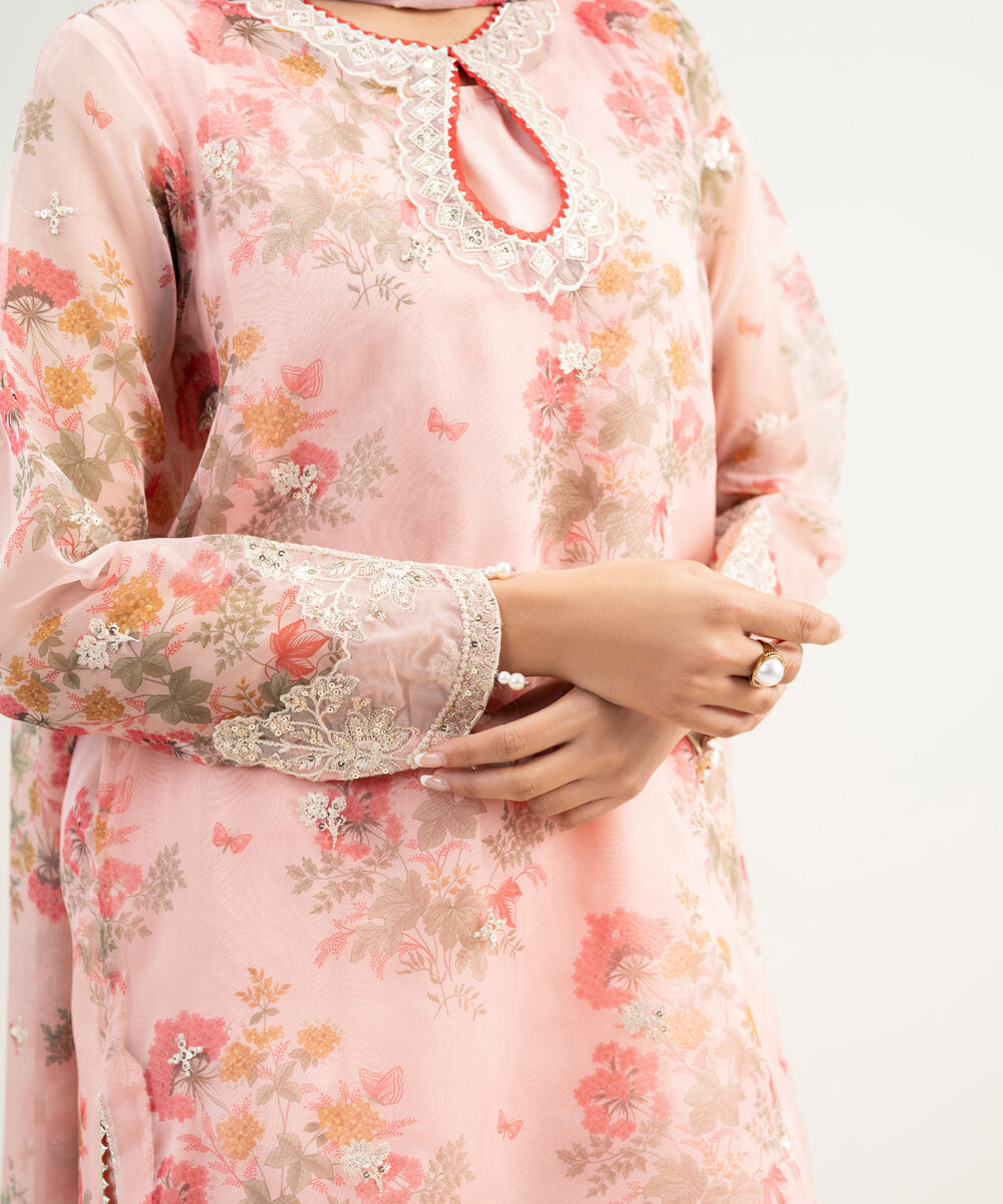 Women's RTW Blended Organza Embroidered Pink 3 Piece Suit