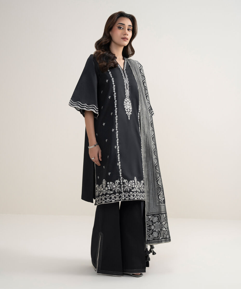 Women's Unstitched Dobby Embroidered Black 3 Piece Suit