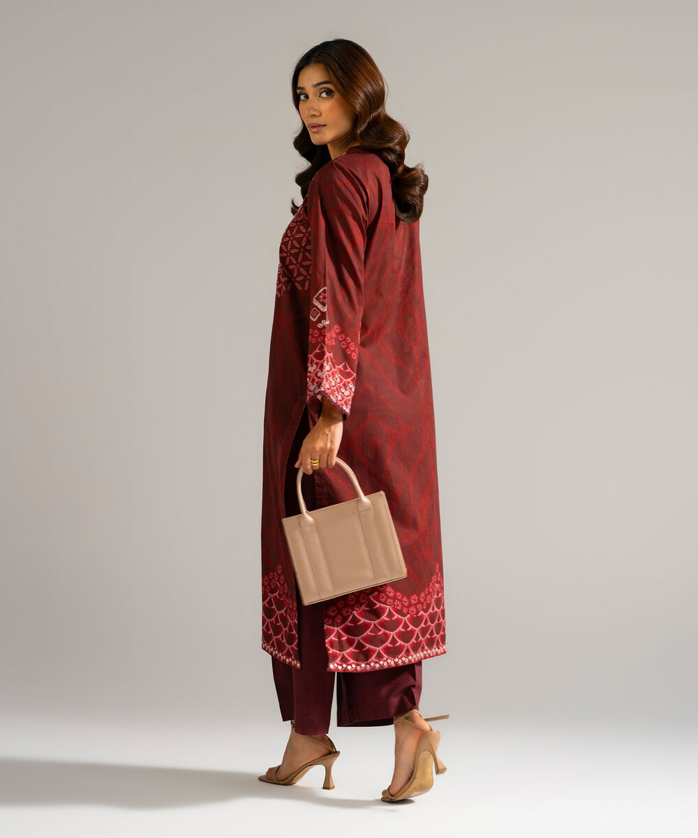 Women's RTW Self Jacquard Embroidered Red 2 Piece Suit