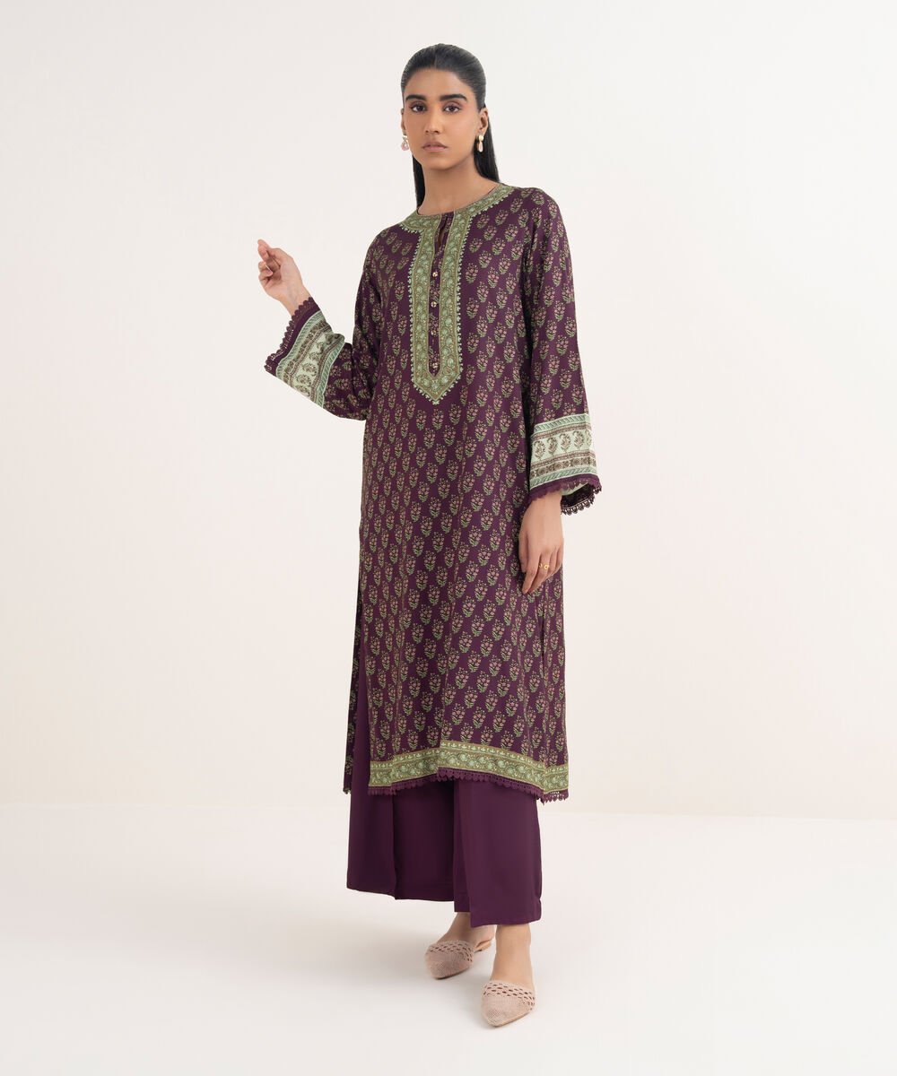 Women's RTW Viscose Linen Printed Purple Straight Shirt