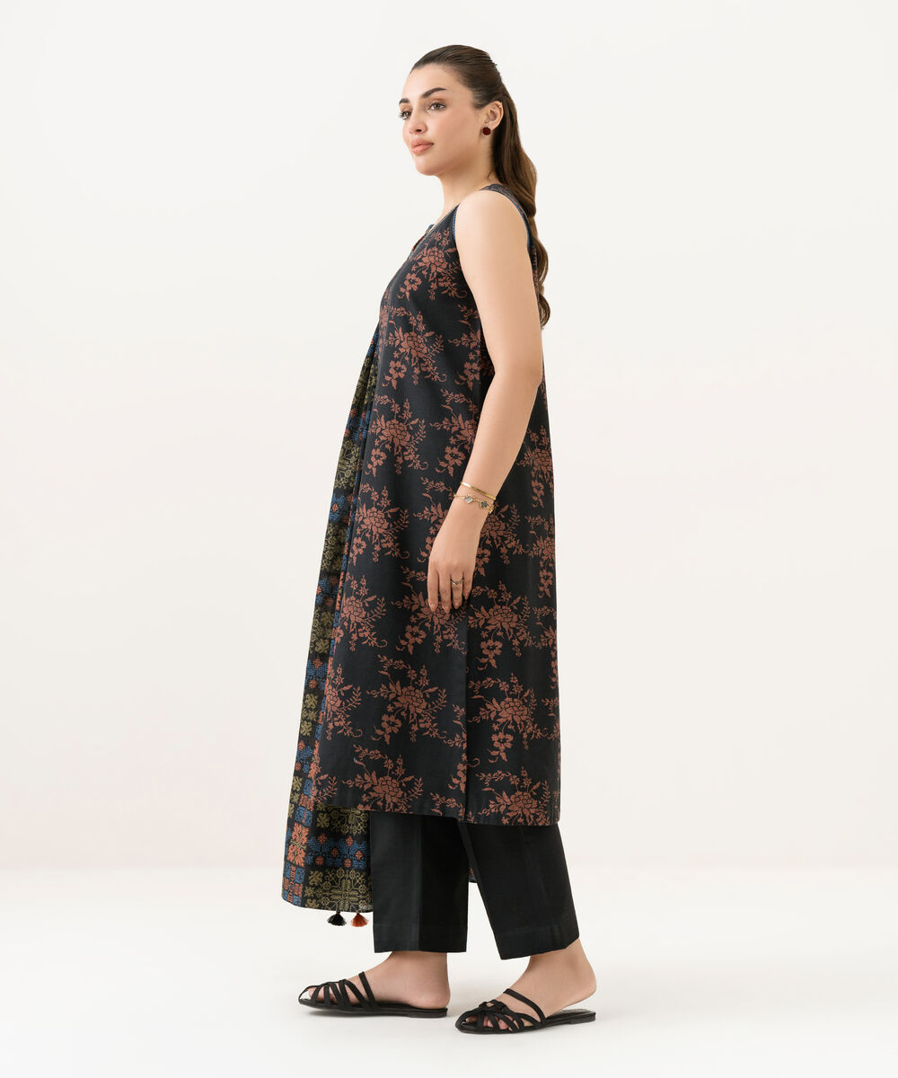 Women's Unstitched Light Khaddar Printed Black 3 Piece Suit