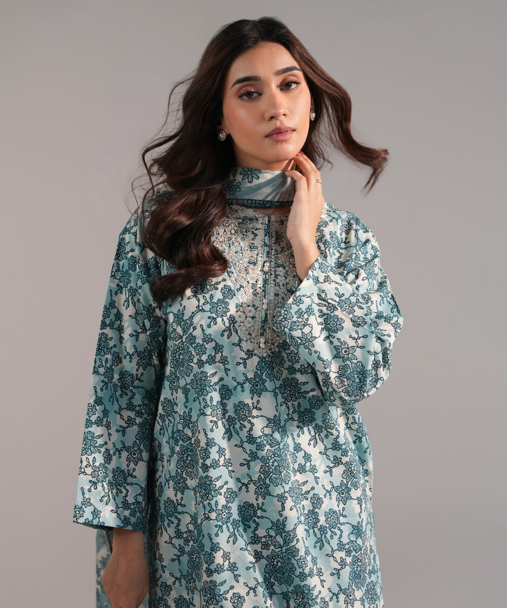 Women's RTW Cambric Embroidered Blue 3 Piece Suit