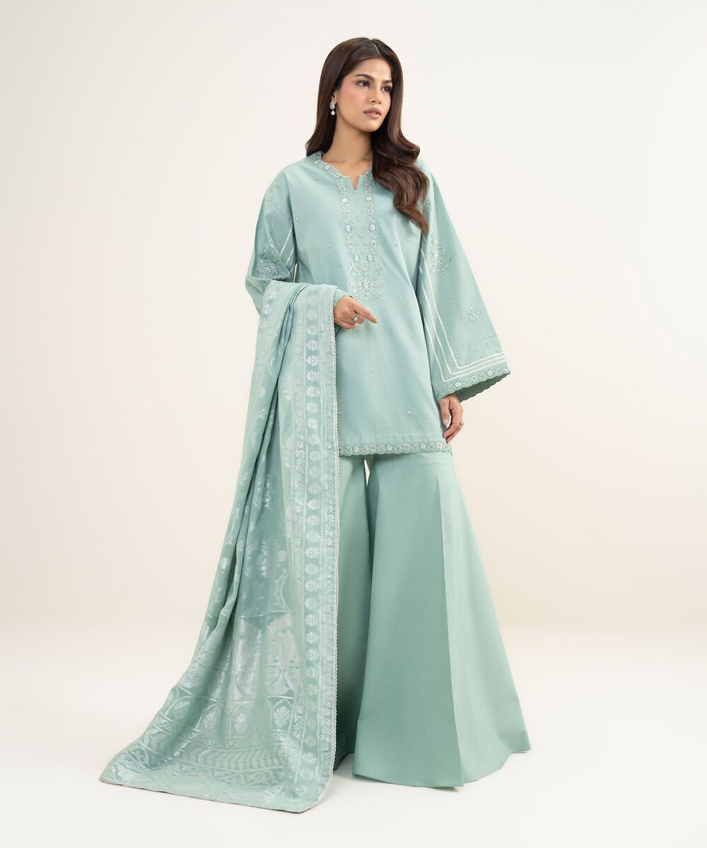 Women's Unstitched Dobby Embroidered Green 3 Piece Suit