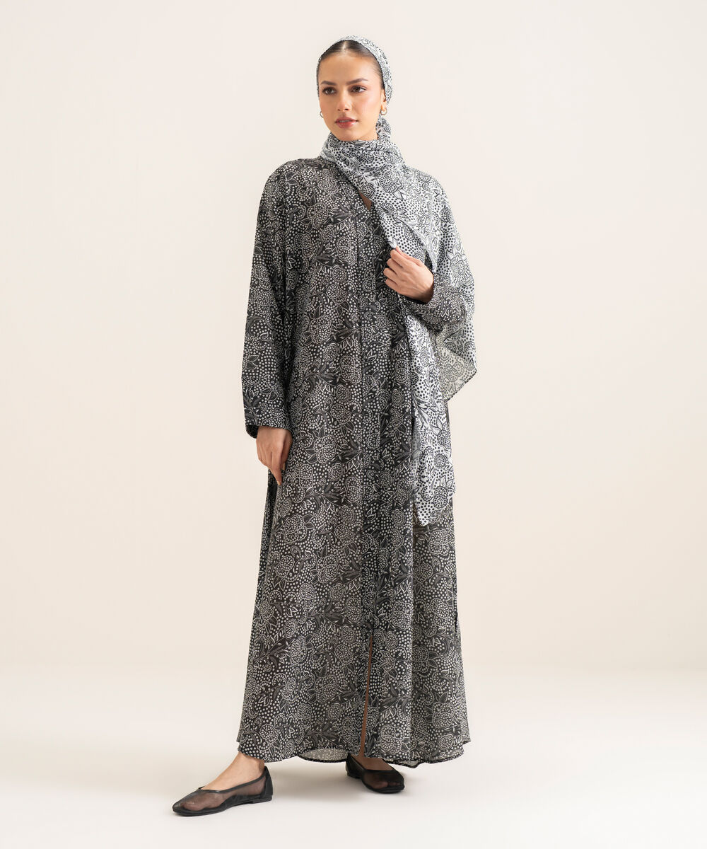 Women's Black Printed Abbaya Set