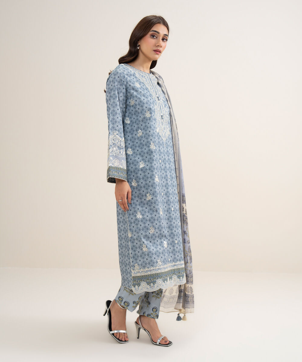 Women's Unstitched Lawn Embroidered Ice Blue 3 Piece Suit