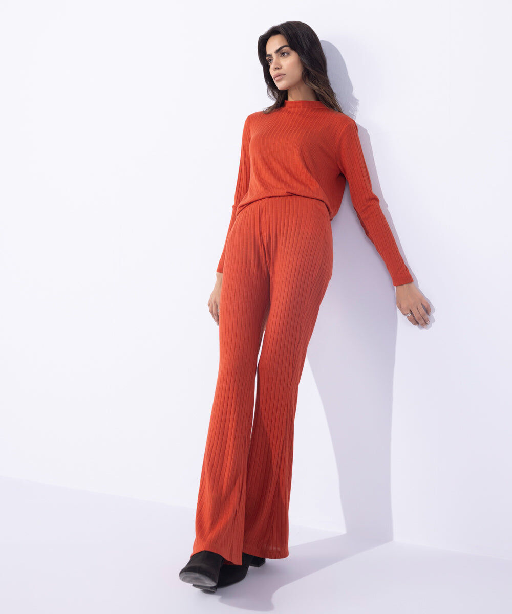 Woman - Orange Ribbed Flared Trousers
