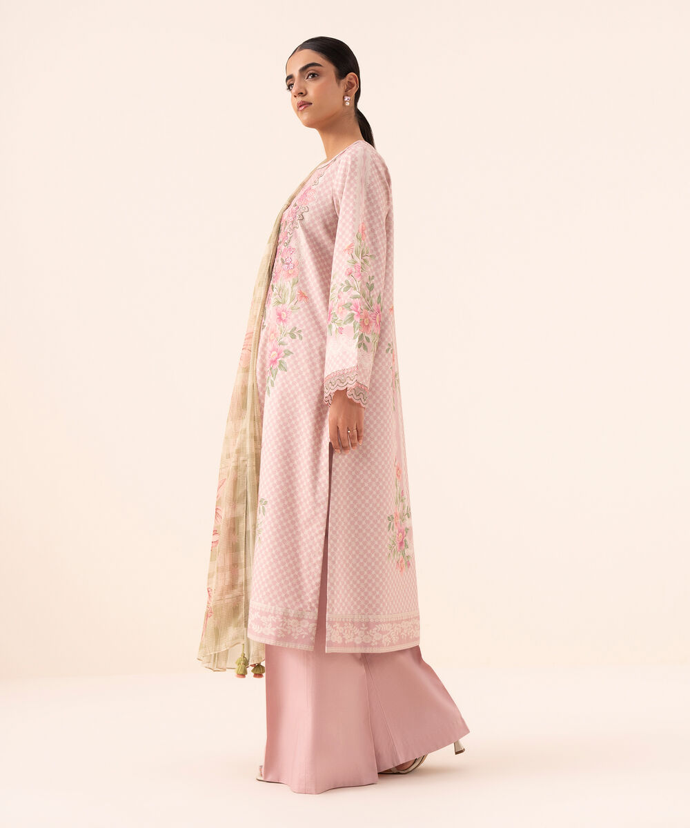 Women's Unstitched Cotton Viscose Embroidered Pink 3 Piece Suit