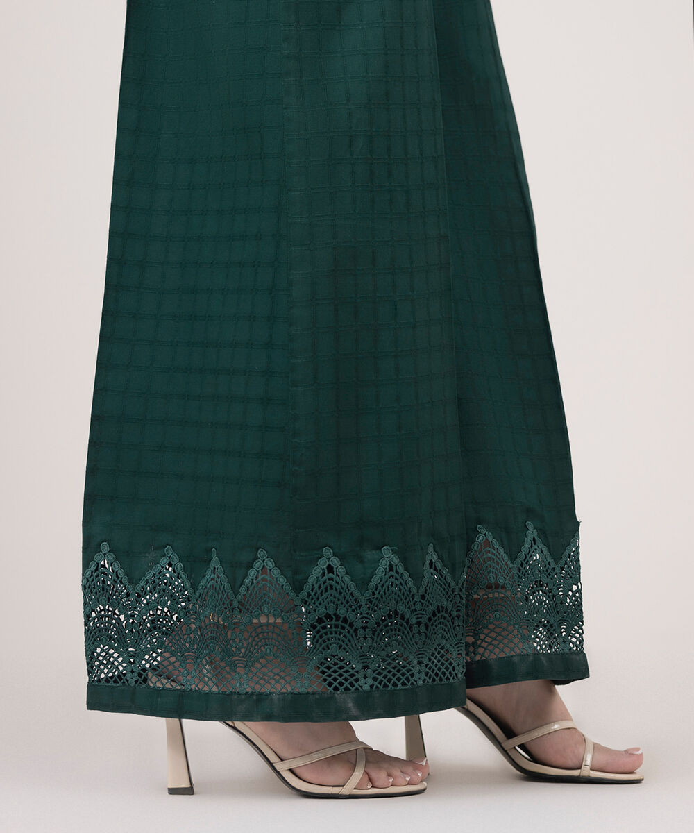 Women's RTW Textured Cotton Green Solid Flared Pants