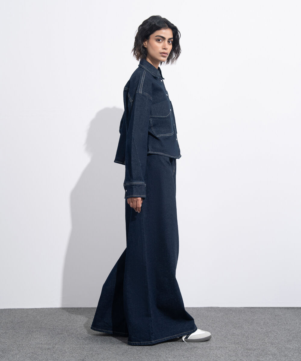 Women's Western Wear Blue Rinse Wash Denim Cropped Jacket