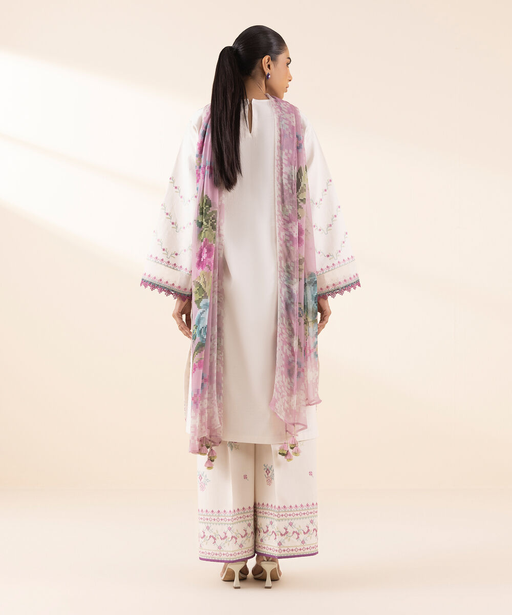 Women's Unstitched Dobby Embroidered Off White 3 Piece Suit