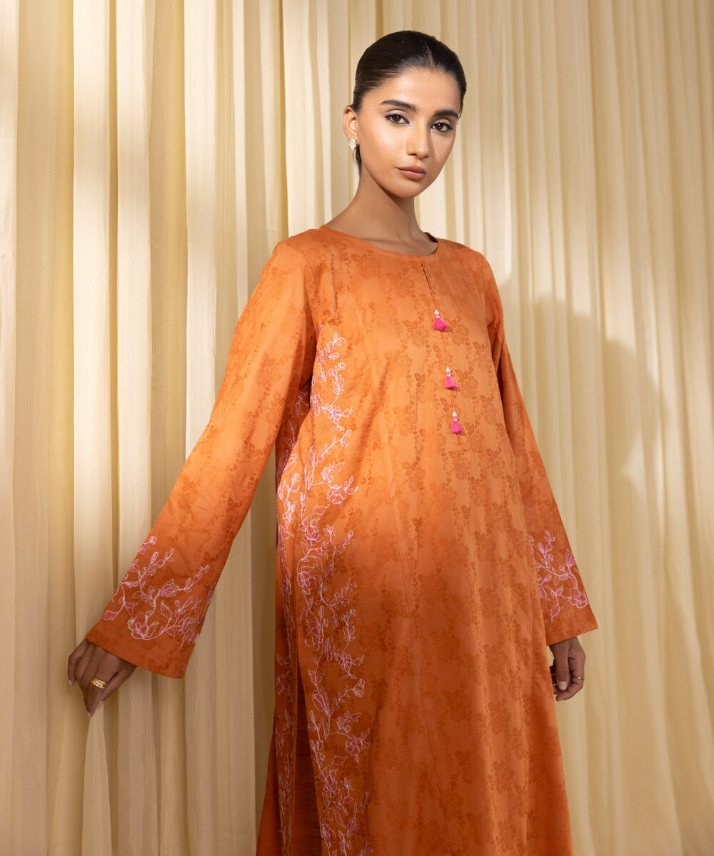 Women's Pret Yarn Dyed Orange Embroidered A-Line Shirt