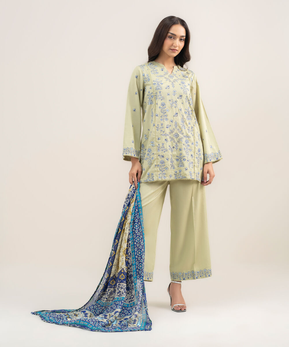 Women's RTW Dobby Embroidered Green 3 Piece Suit