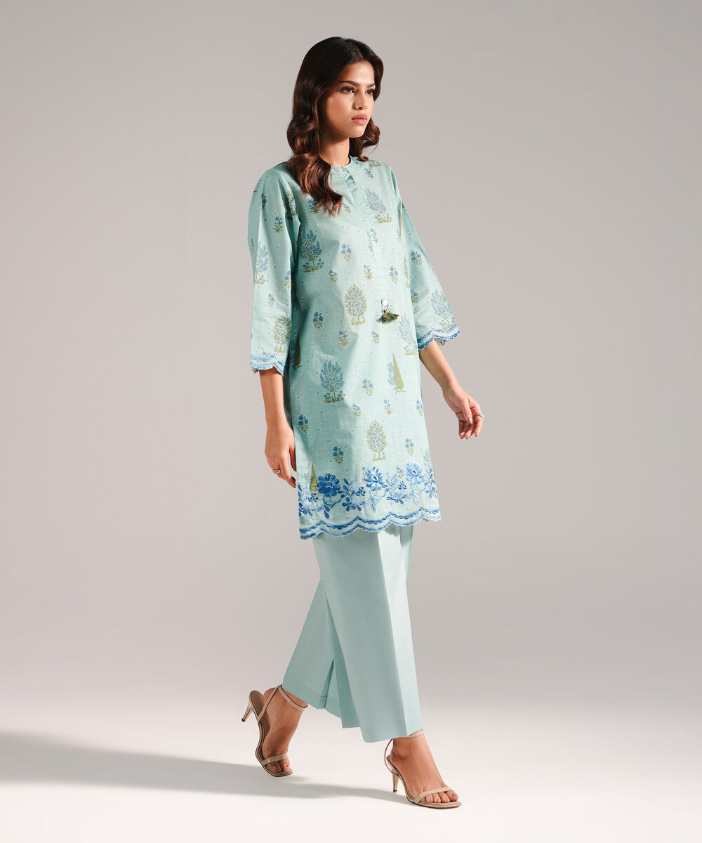 Women's RTW Slub Lawn Embroidered Blue 2 Piece Suit