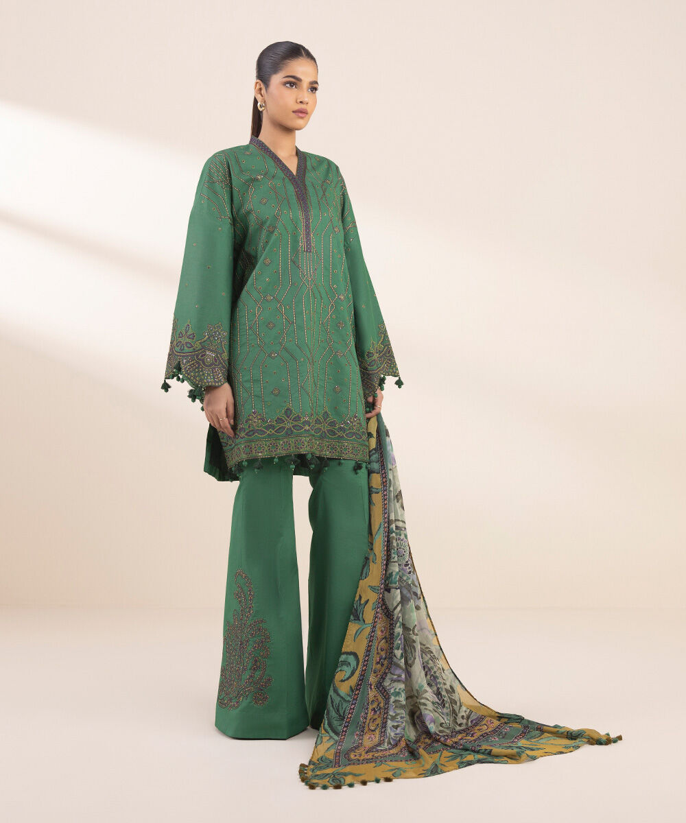 Women's Unstitched Embroidered Cotton Green 3 Piece Suit