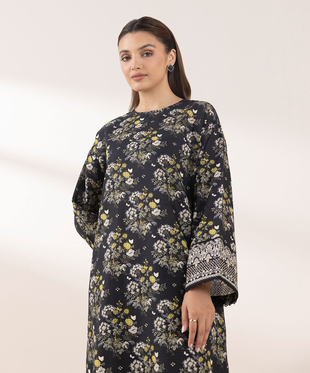 Woman - Black Printed Khaddar Shirt
