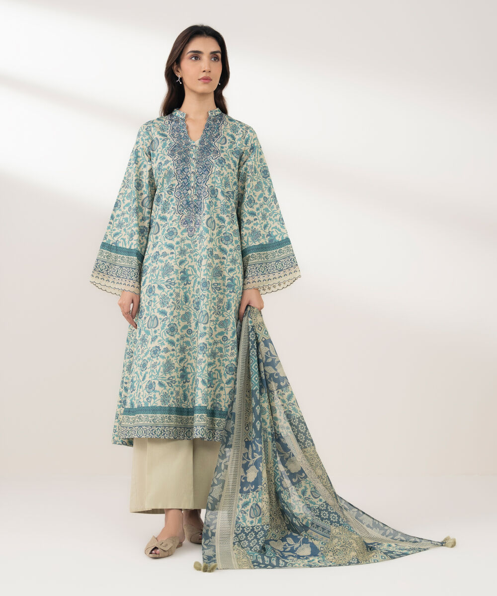 Women's Unstitched Lawn Embroidered Green 3 Piece Suit