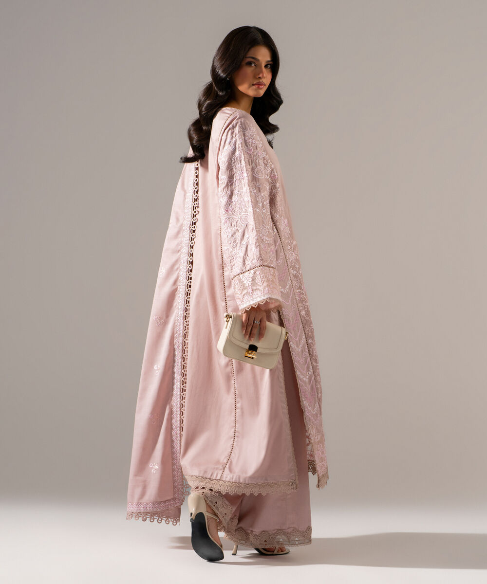 Women's RTW Cotton Satin Solid Embroidered Muted Pink 3 Piece Suit