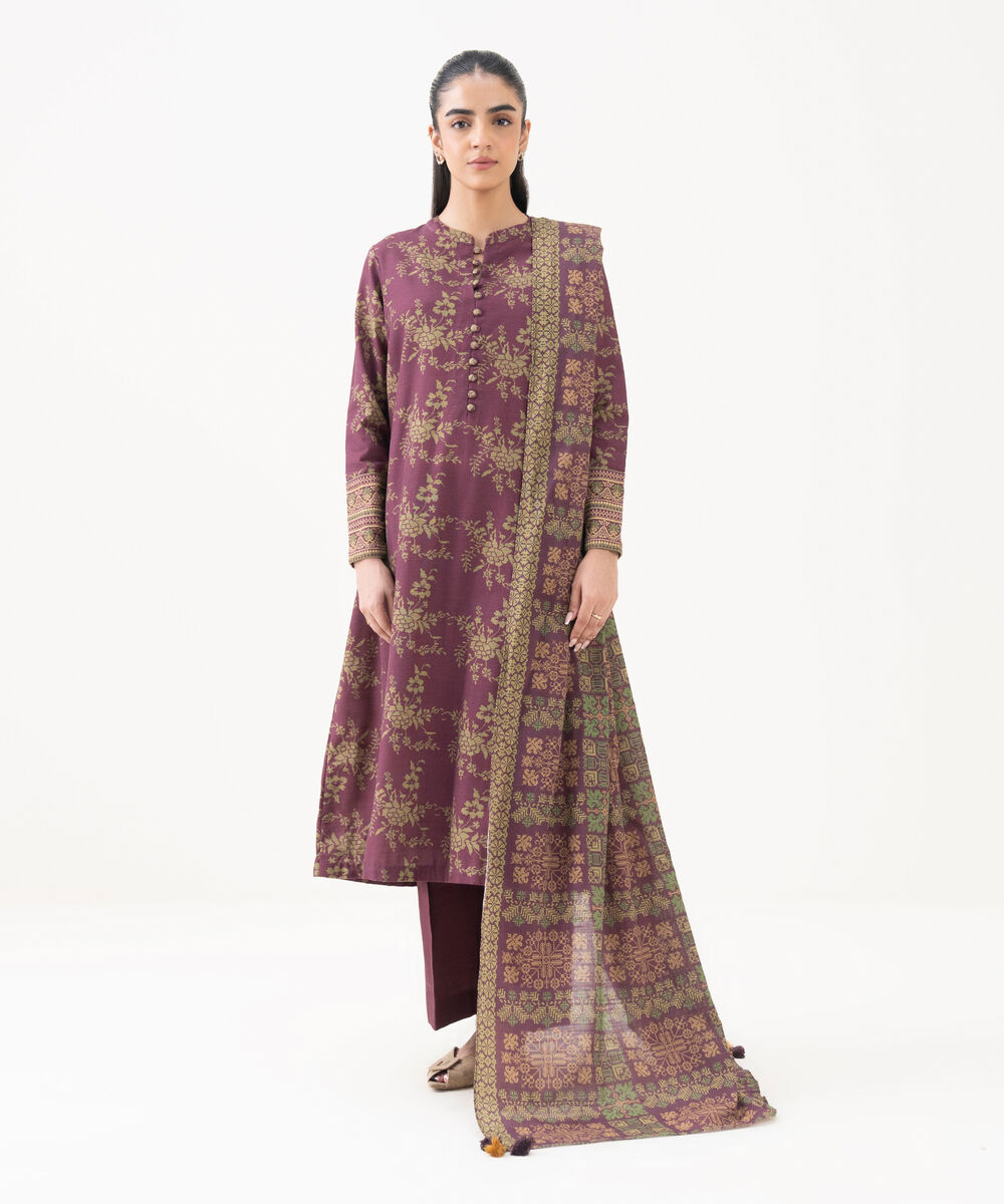 Women's Unstitched Light Khaddar Printed Red 3 Piece Suit