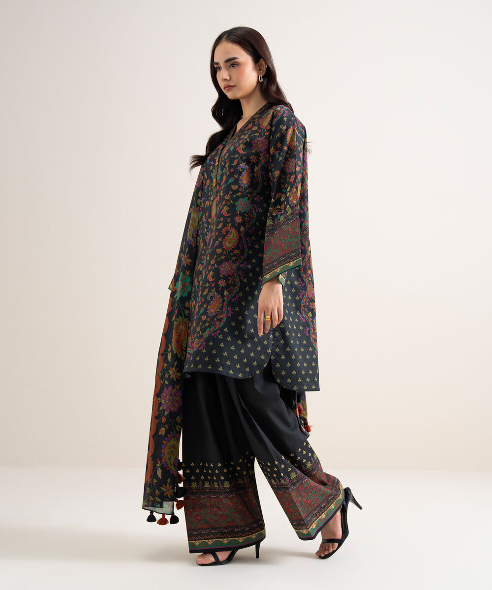 Women's Unstitched Lawn Printed Black 3 Piece Suit