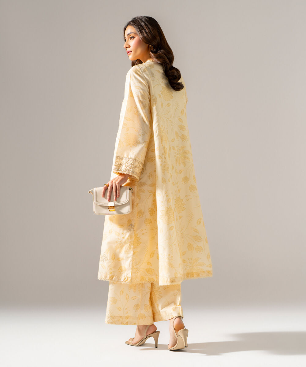 Women's RTW Fancy Cotton Printed Embroidered Pale Yellow 2 Piece Suit