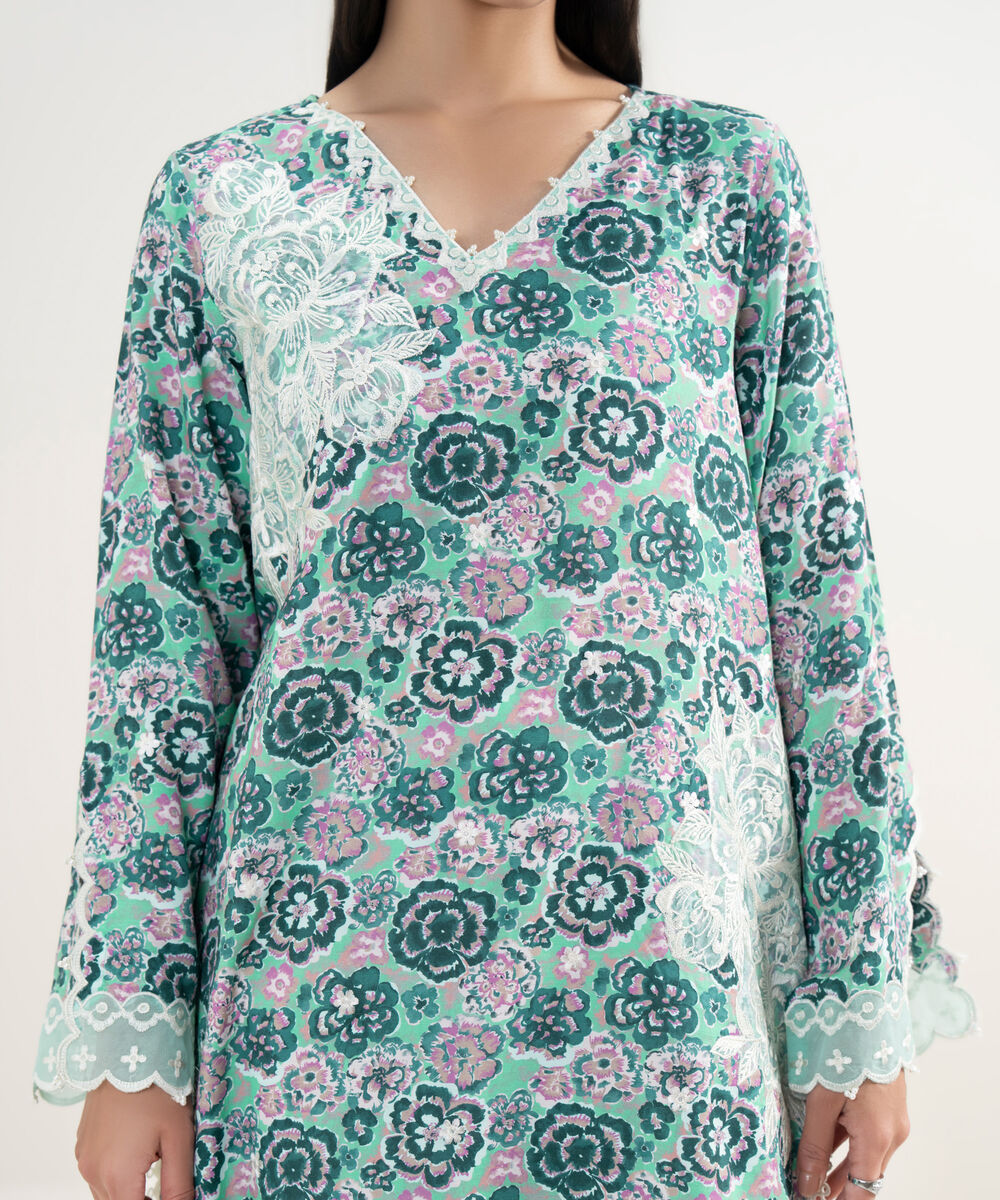 Women's RTW Viscose Raw Silk Embroidered Turquoise Straight Shirt