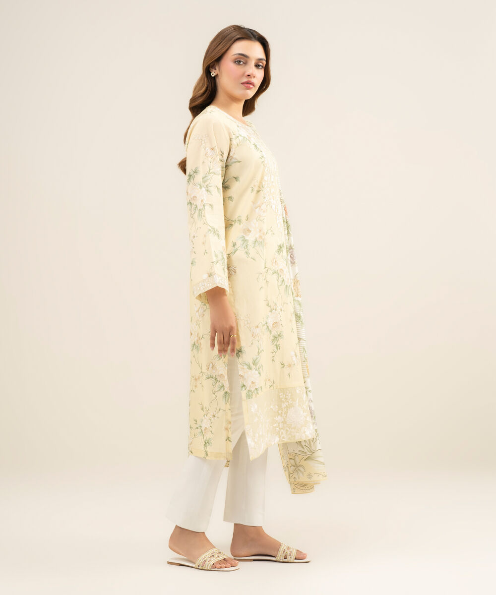 Women's Unstitched Lawn Embroidered Light Yellow 2 Piece Suit