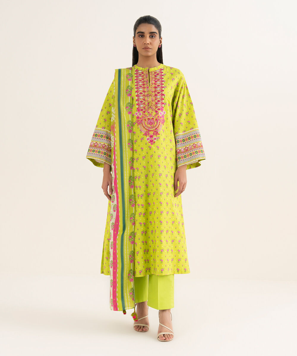 Women's Unstitched Textured Lawn Embroidered Green 3 Piece Suit
