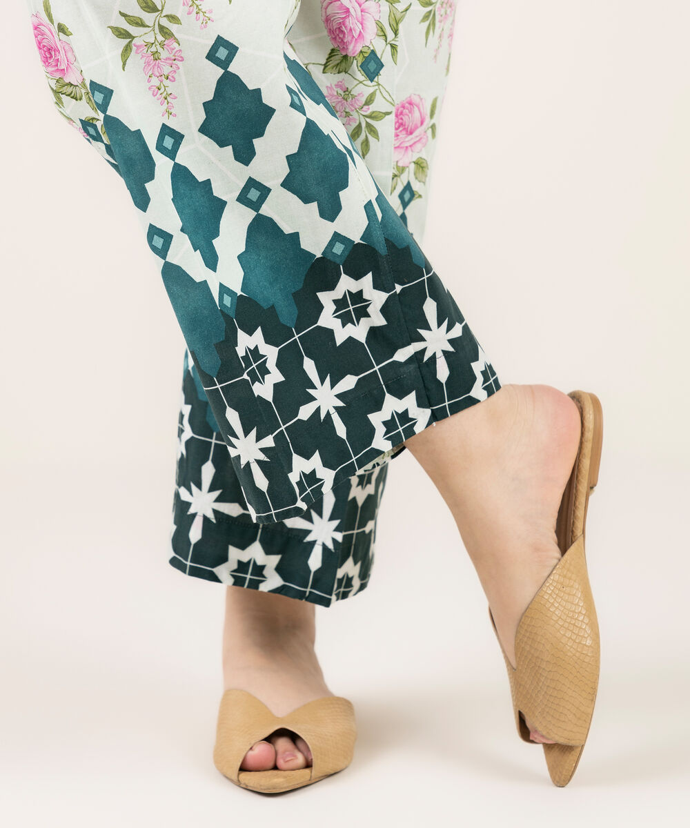 Women's RTW Cambric Printed Green Straight Pants