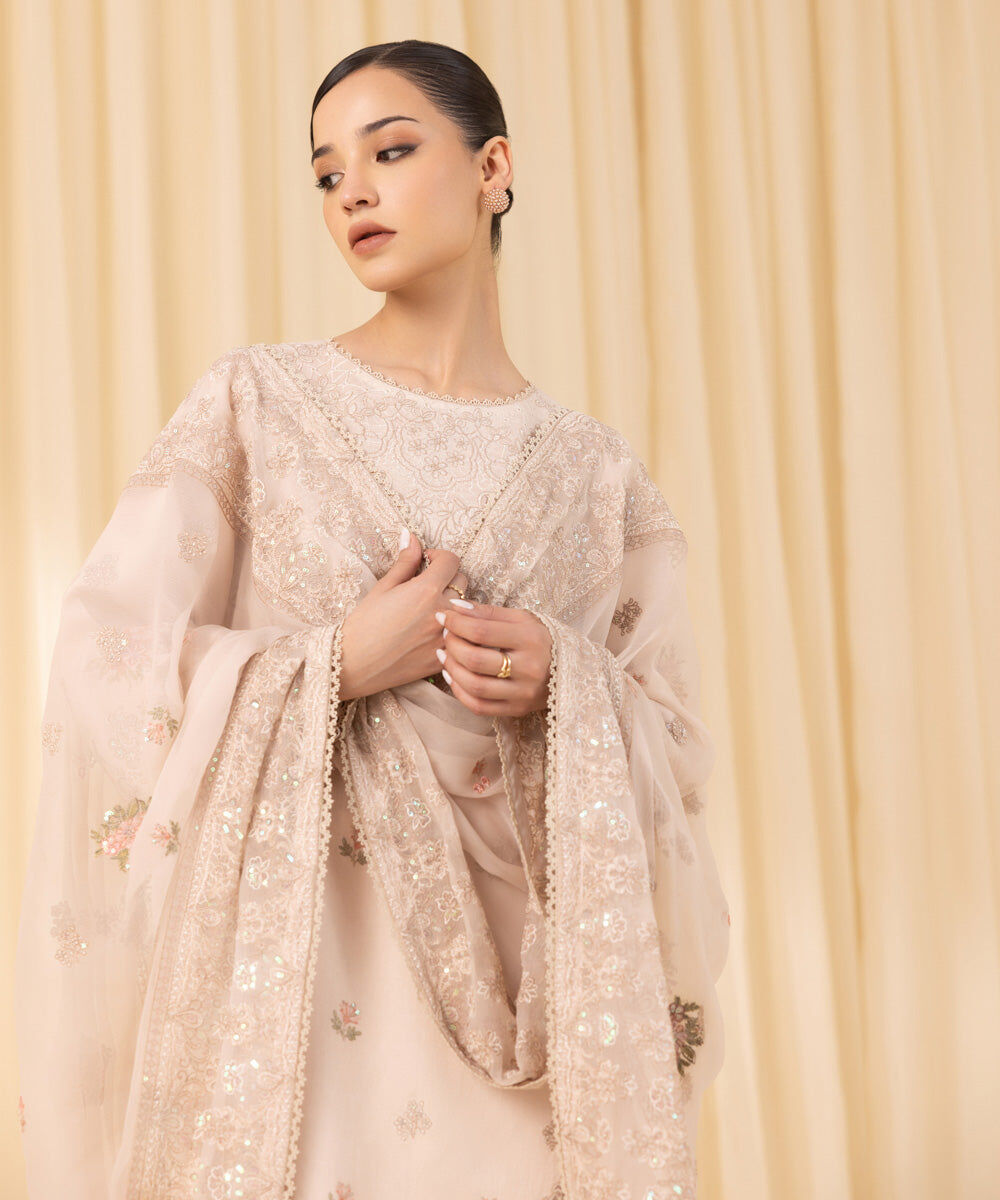 3 Piece - Embroidered Cotton Net Suit