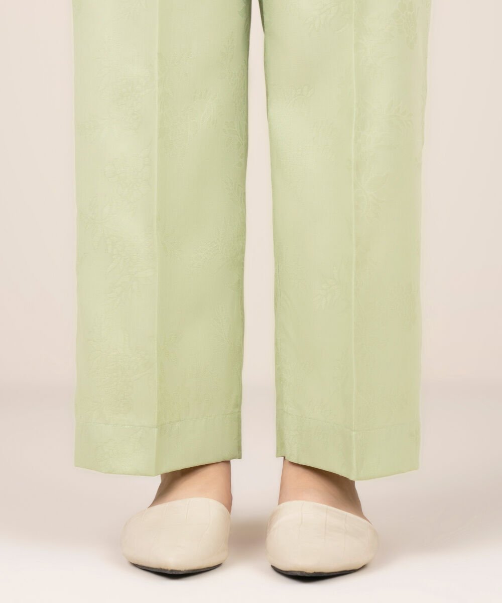 Women's RTW Self Jacquard Leno Solid Green Straight Pants