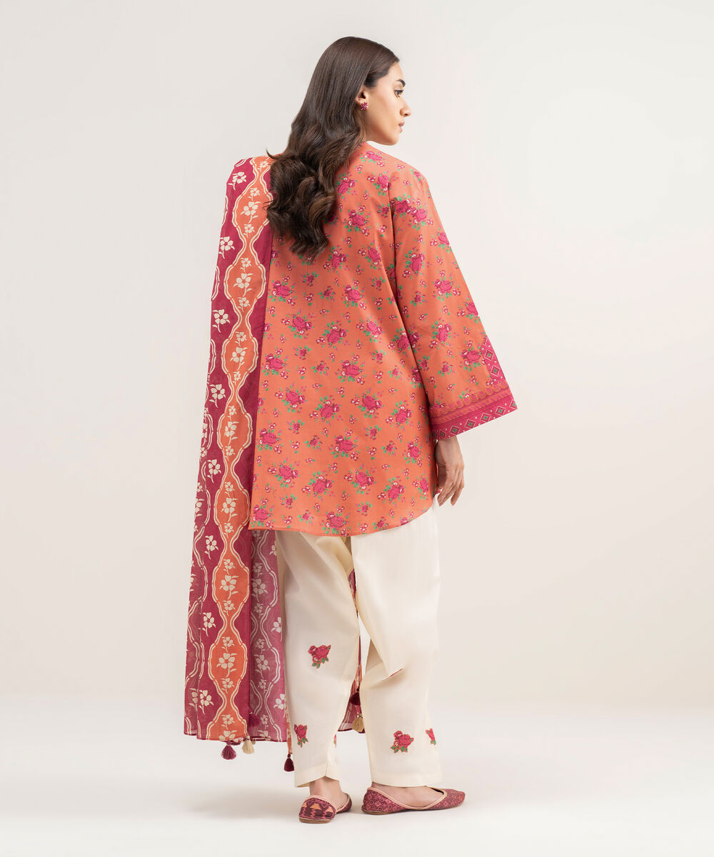 Women's Unstitched Lawn Printed Orange 2 Piece Suit