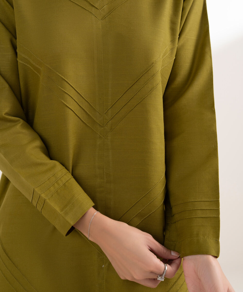 Women's RTW Khaddar Solid Straight Green Shirt